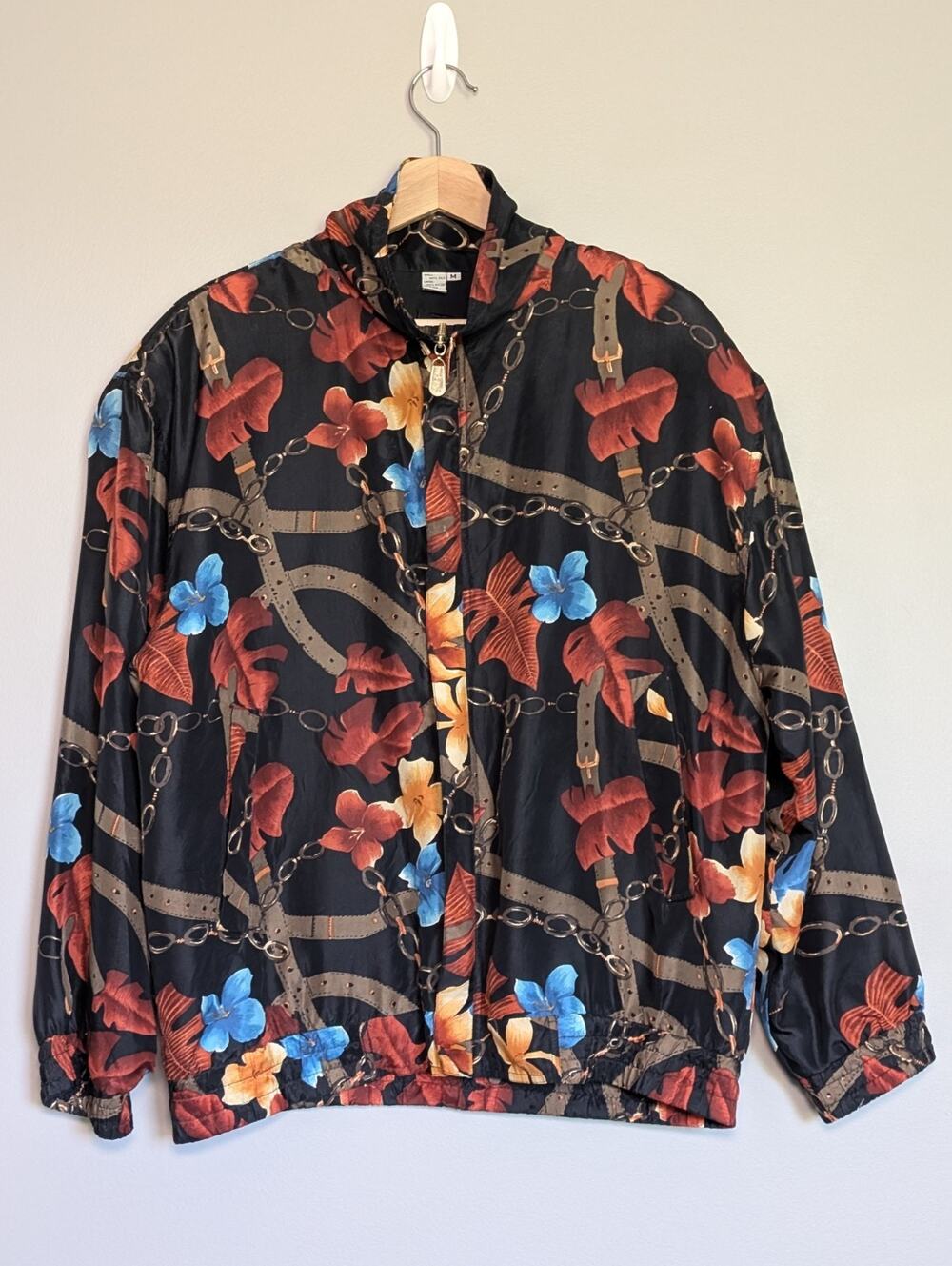 Fuda International Vintage 100% Silk Bomber Jacket Floral Chain Print Black M